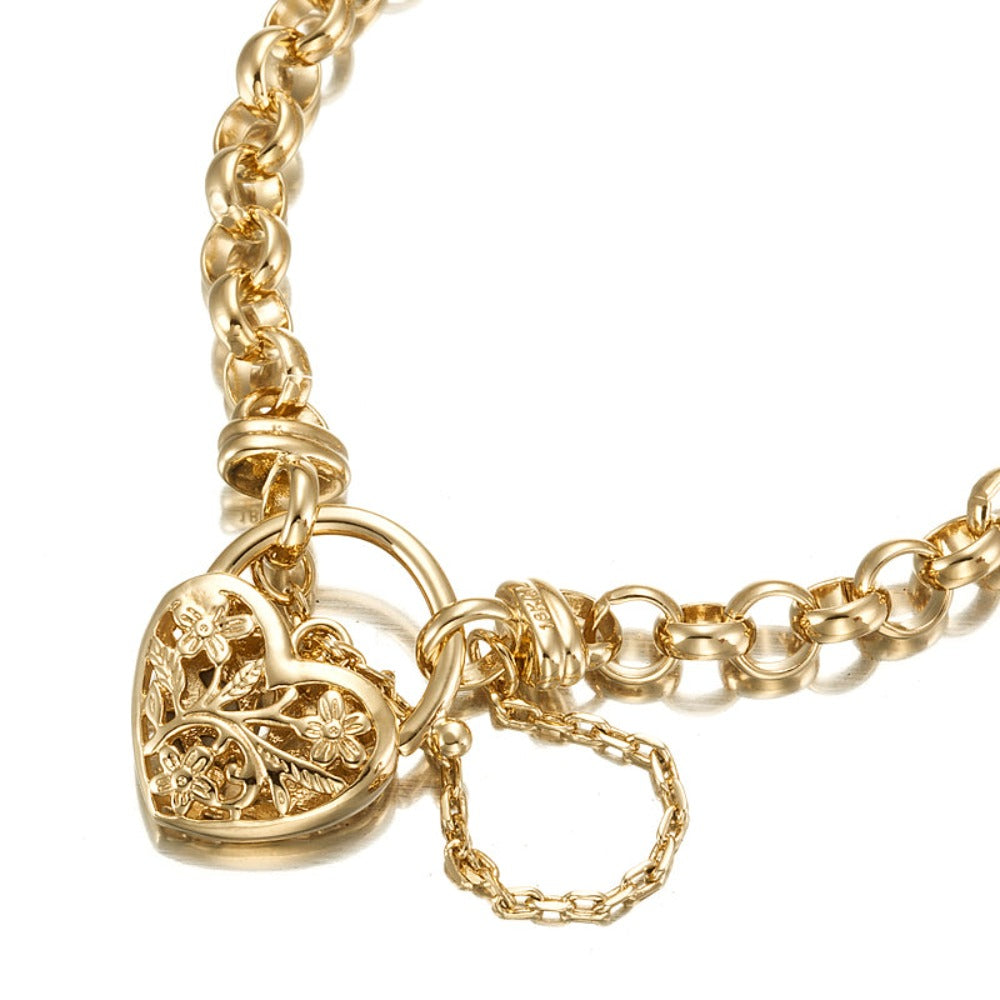 18ct Heavy Yellow Gold Plated 6mm Belcher Chain Bracelet with a filigree locket, showcasing its elegant design and luxurious finish.