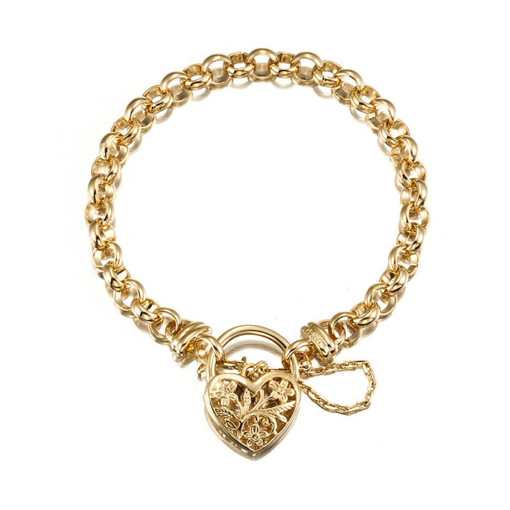18ct Heavy Yellow Gold Plated 6mm Belcher Chain Bracelet with a filigree locket, showcasing its elegant design and luxurious finish.