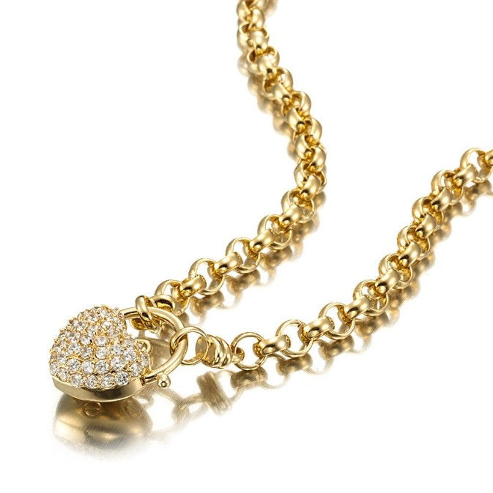 18ct Heavy Yellow Gold Plated 6mm Belcher Chain Necklace with Simulated Diamond Locket, showcasing its elegant design and craftsmanship.