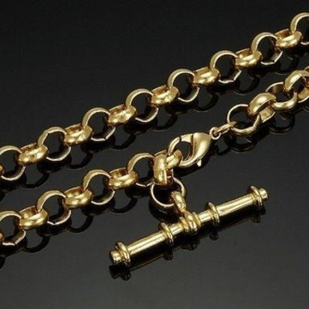 18ct Heavy Yellow Gold Plated 6mm Belcher Chain Necklace with T-Bar, showcasing its elegant design and luxurious gold finish.