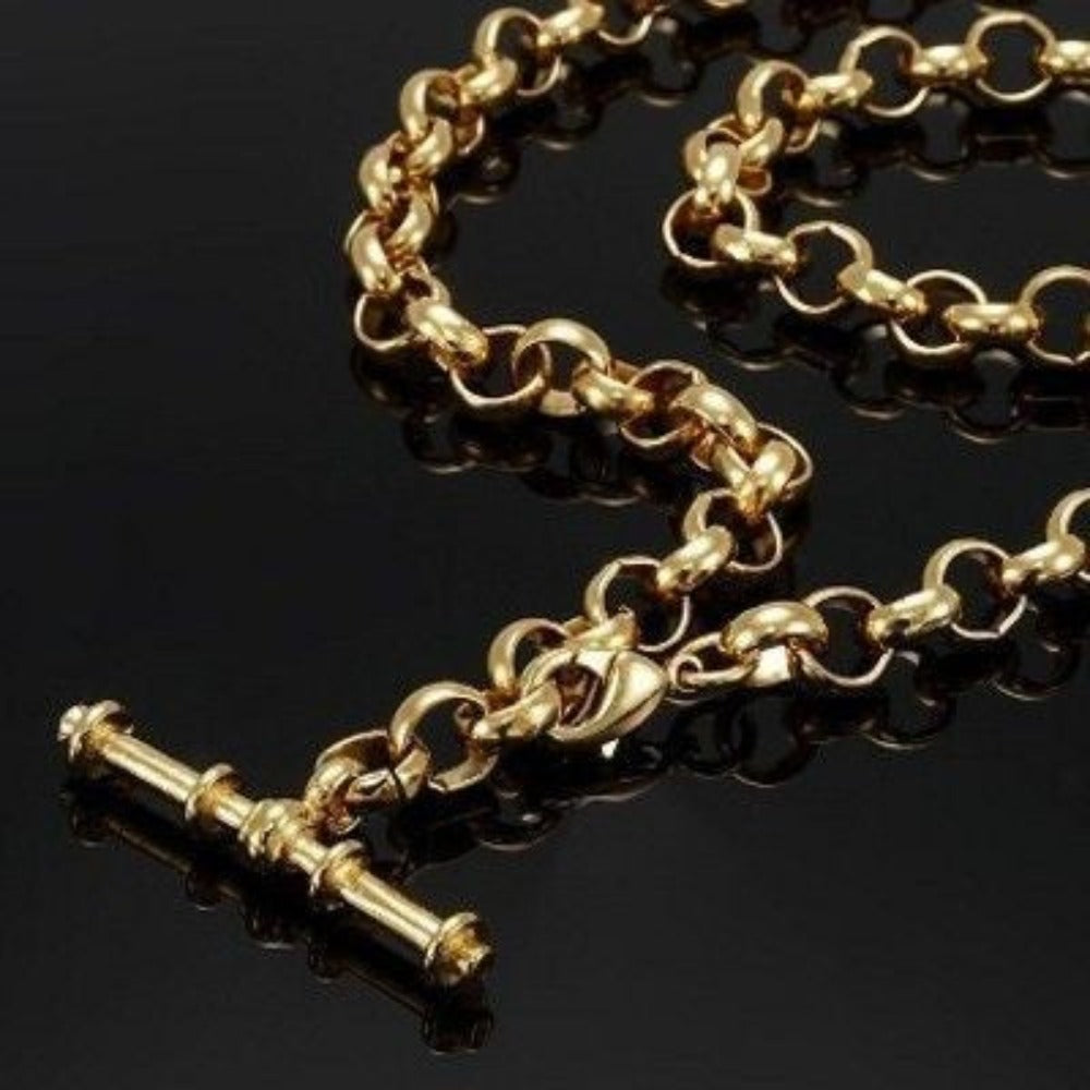 18ct Heavy Yellow Gold Plated 6mm Belcher Chain Necklace with T-Bar, showcasing its elegant design and luxurious gold finish.