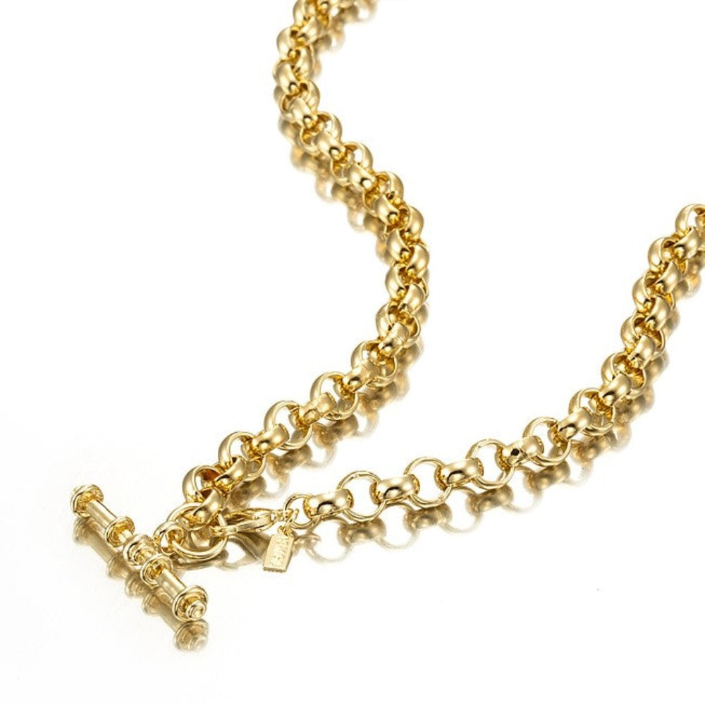 18ct Heavy Yellow Gold Plated 6mm Belcher Chain Necklace with T-Bar, showcasing its elegant design and luxurious gold finish.