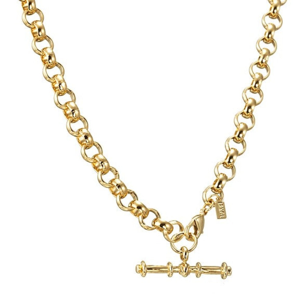 18ct Heavy Yellow Gold Plated 6mm Belcher Chain Necklace with T-Bar, showcasing its elegant design and luxurious gold finish.