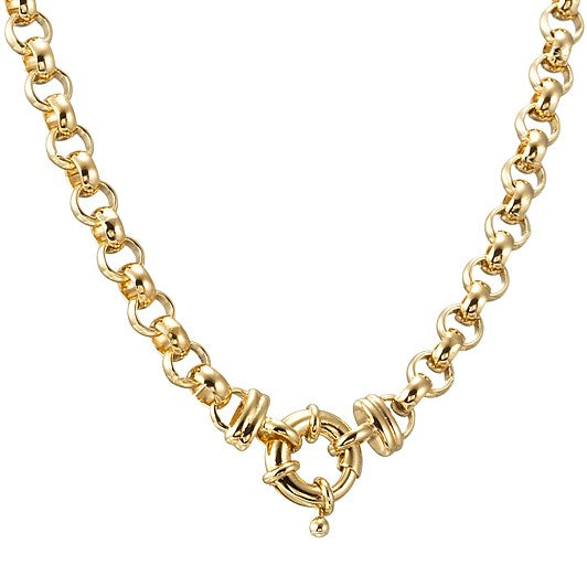 18ct Heavy Yellow Gold Plated Belcher Chain Necklace with Bolt Clasp, showcasing its elegant design and quality craftsmanship.