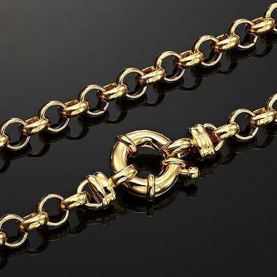 18ct Heavy Yellow Gold Plated Belcher Chain Necklace with Bolt Clasp, showcasing its elegant design and quality craftsmanship.