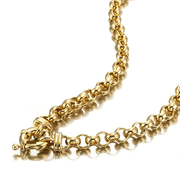 18ct Heavy Yellow Gold Plated Belcher Chain Necklace with Bolt Clasp, showcasing its elegant design and quality craftsmanship.