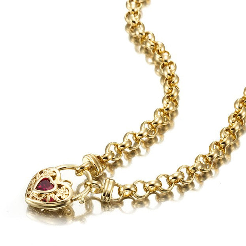 18ct Heavy Yellow Gold Plated 6mm Belcher Chain Necklace with a filigree locket and simulated diamond, showcasing its elegant design.
