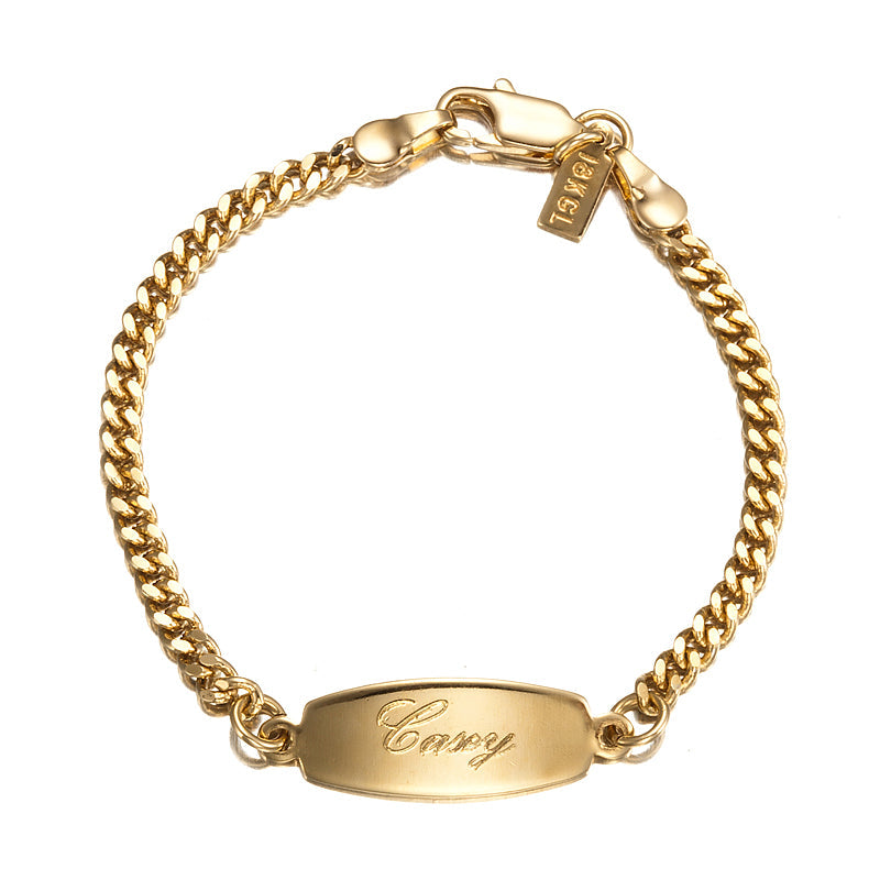 18ct Heavy Yellow Gold Plated Baby ID Bracelet with Parrot Clasp, showcasing its elegant design and secure clasp.