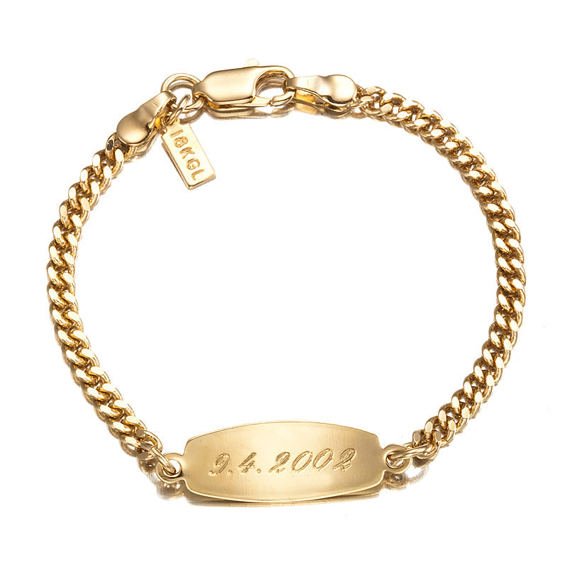 18ct Heavy Yellow Gold Plated Baby ID Bracelet with Parrot Clasp, showcasing its elegant design and secure clasp.