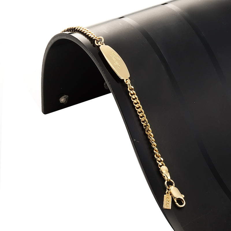 18ct Heavy Yellow Gold Plated Baby ID Bracelet with Parrot Clasp, showcasing its elegant design and secure clasp.