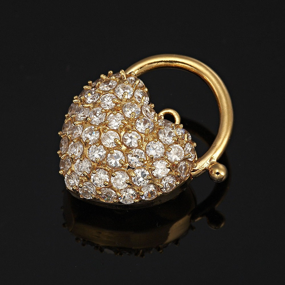 18ct Heavy Yellow Gold Plated Crystal Heart Locket featuring a sparkling crystal design, made in the USA, with a brass base and luxurious gold finish.