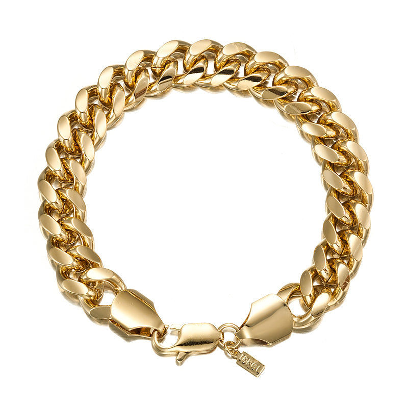 18ct Heavy Yellow Gold Plated Curb Chain Bracelet with Lobster Clasp, showcasing a thick gold coating and stylish curb chain design.