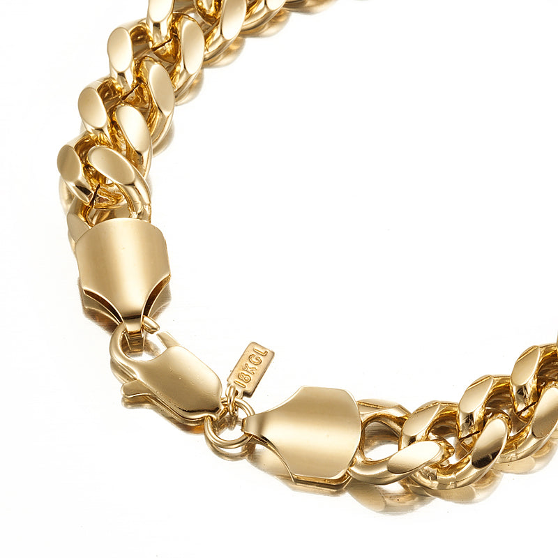 18ct Heavy Yellow Gold Plated Curb Chain Bracelet with Lobster Clasp, showcasing a thick gold coating and stylish curb chain design.