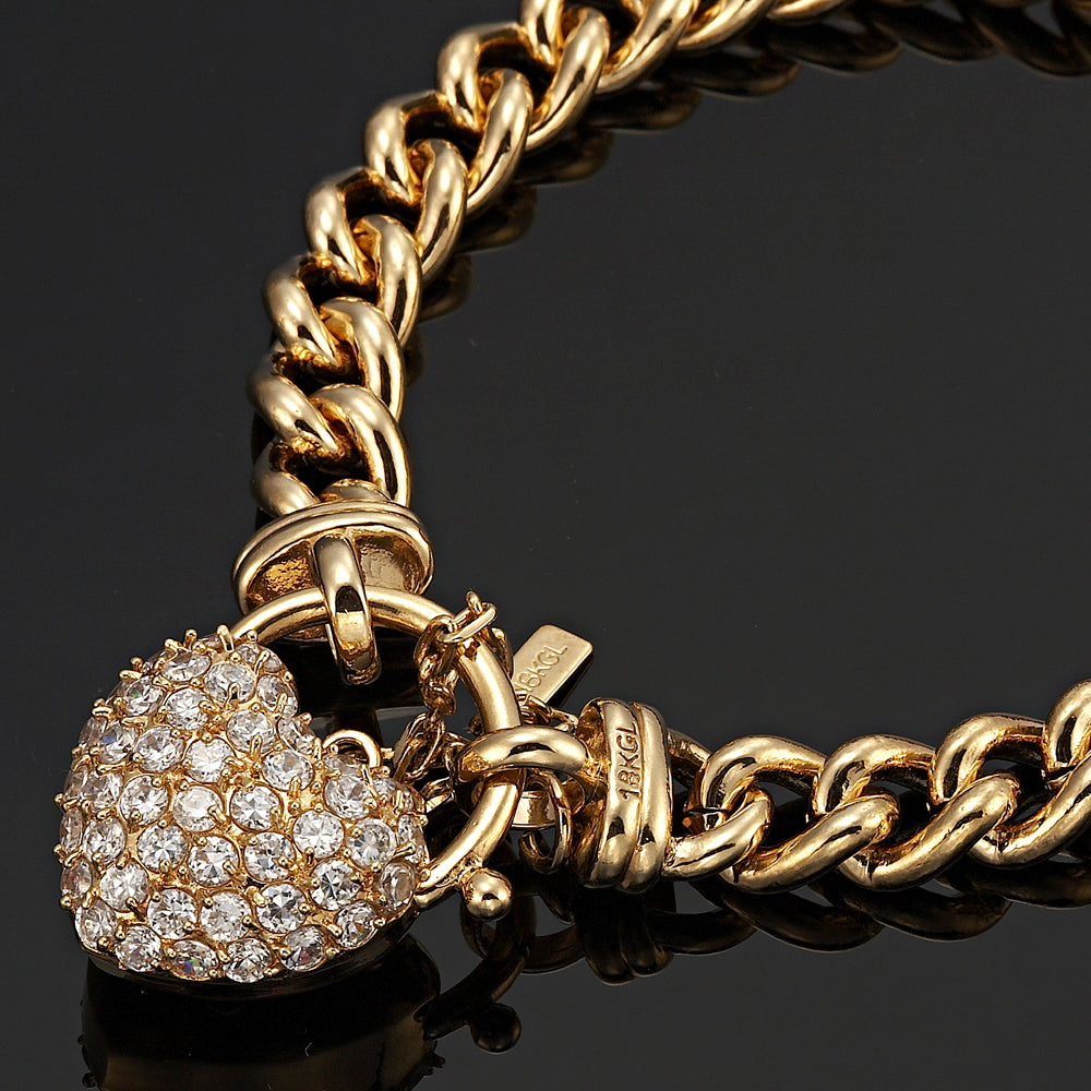 18ct Heavy Yellow Gold Plated Euro Chain Bracelet with a simulated diamond locket, showcasing its elegant design and quality craftsmanship.