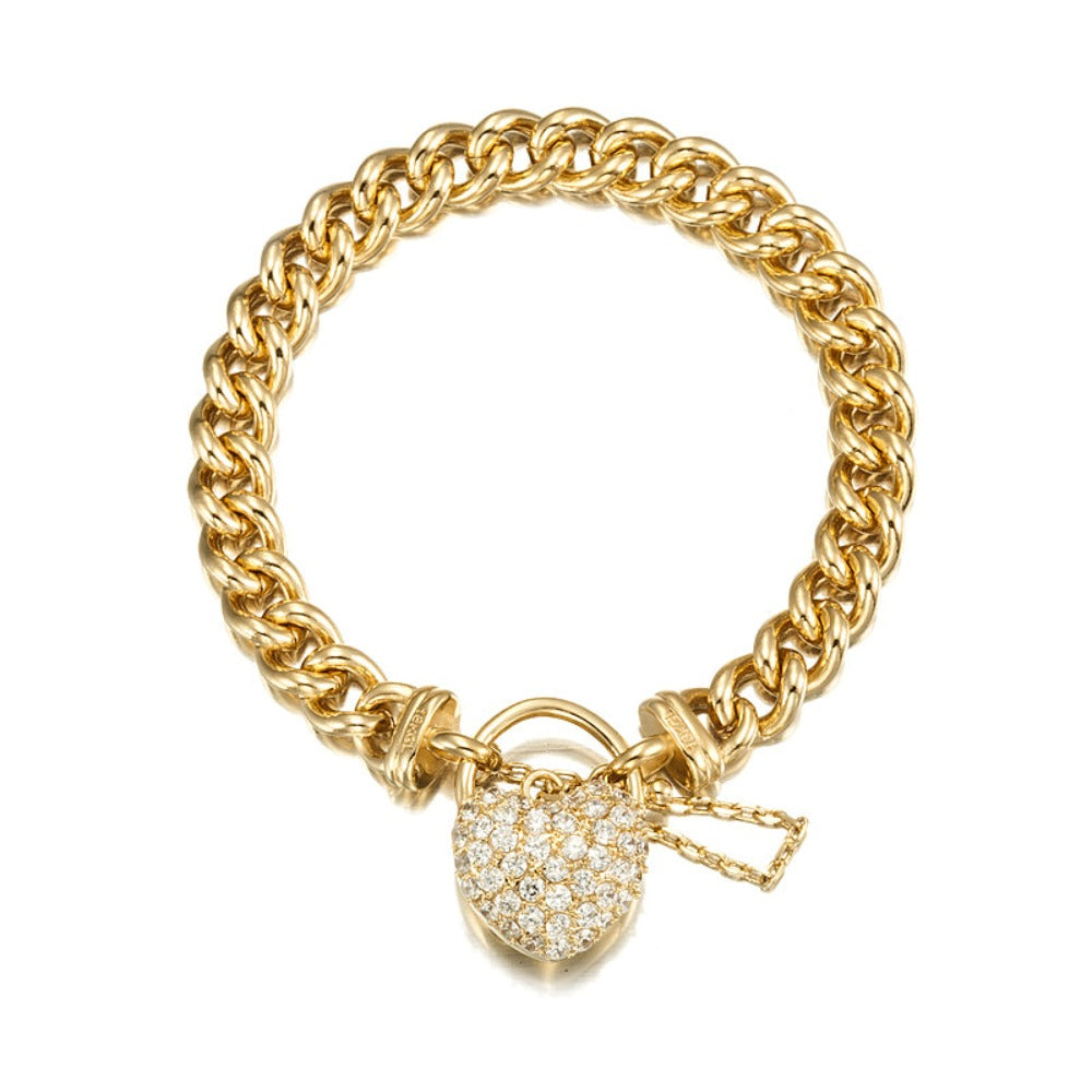 18ct Heavy Yellow Gold Plated Euro Chain Bracelet with a simulated diamond locket, showcasing its elegant design and quality craftsmanship.