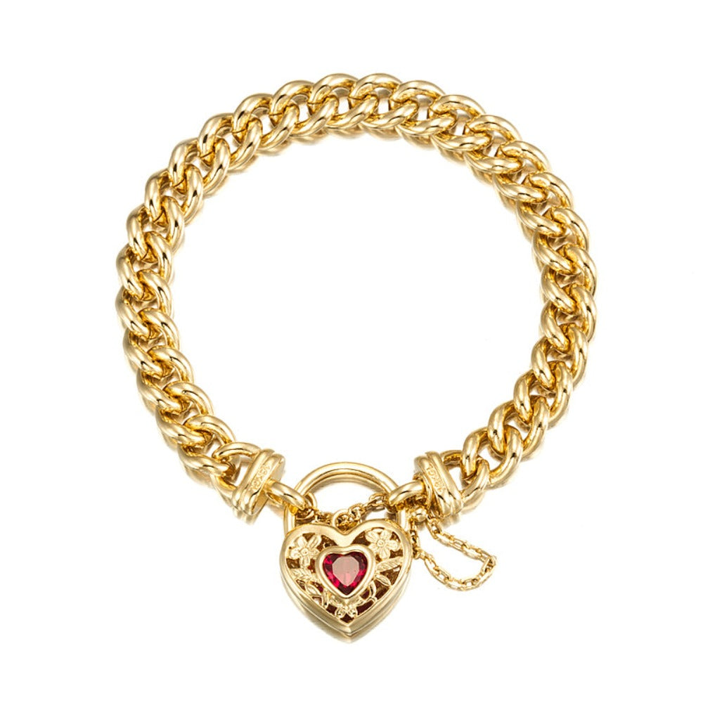 18ct Heavy Yellow Gold Plated Euro Chain Bracelet featuring a filigree locket and simulated ruby, showcasing intricate design and luxurious finish.