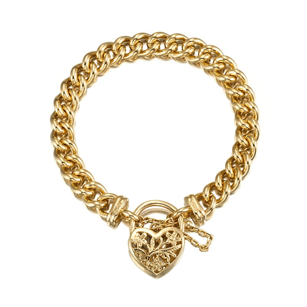 18ct Heavy Yellow Gold Plated Euro Chain Bracelet featuring a delicate filigree locket, showcasing its elegant design and craftsmanship.