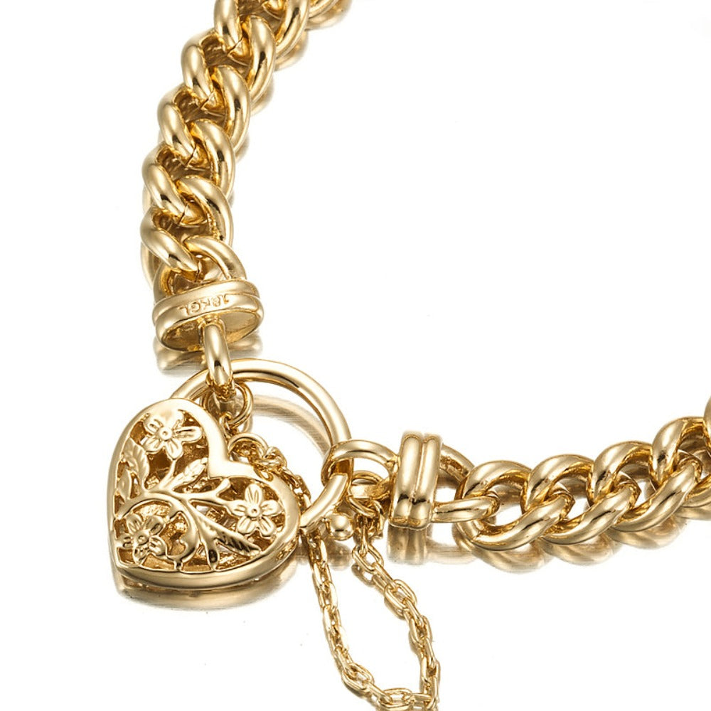 18ct Heavy Yellow Gold Plated Euro Chain Bracelet featuring a delicate filigree locket, showcasing its elegant design and craftsmanship.