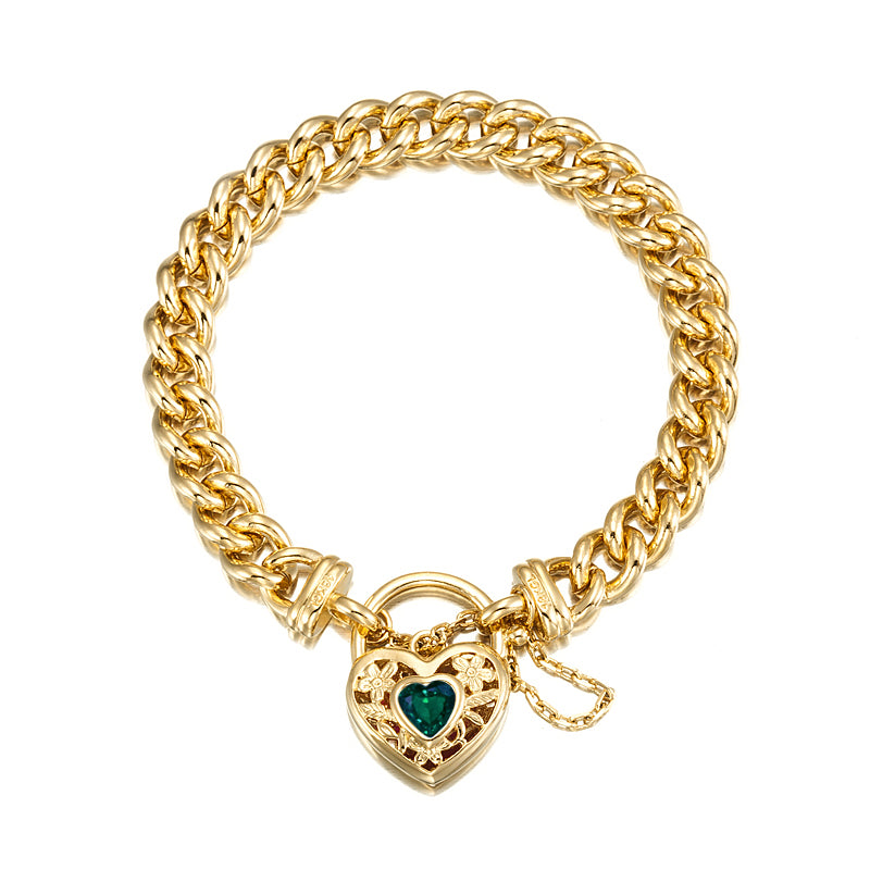 18ct Heavy Yellow Gold Plated Euro Chain Bracelet featuring a green filigree locket, showcasing its elegant design and quality craftsmanship.