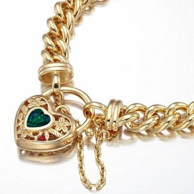 18ct Heavy Yellow Gold Plated Euro Chain Bracelet featuring a green filigree locket, showcasing its elegant design and quality craftsmanship.