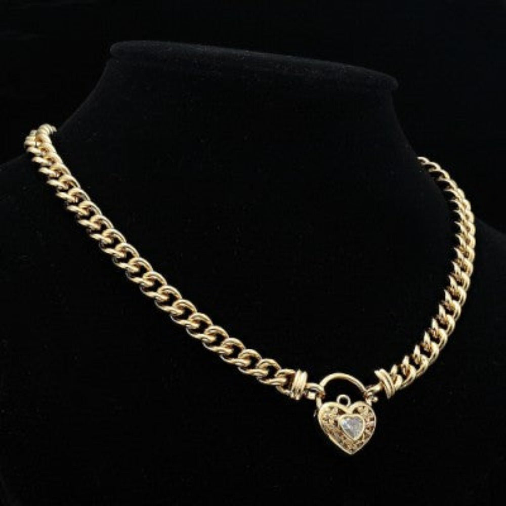 18ct Heavy Yellow Gold Plated Euro Chain Necklace featuring a filigree locket with a simulated diamond, elegantly designed and USA made.