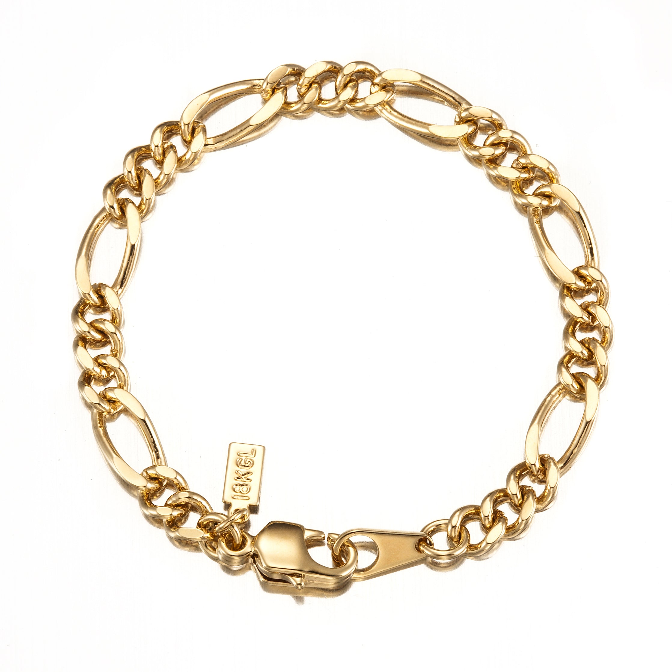 18ct Heavy Yellow Gold Plated Figaro Child Bracelet featuring a secure parrot clasp, designed for children with a stylish and elegant look.