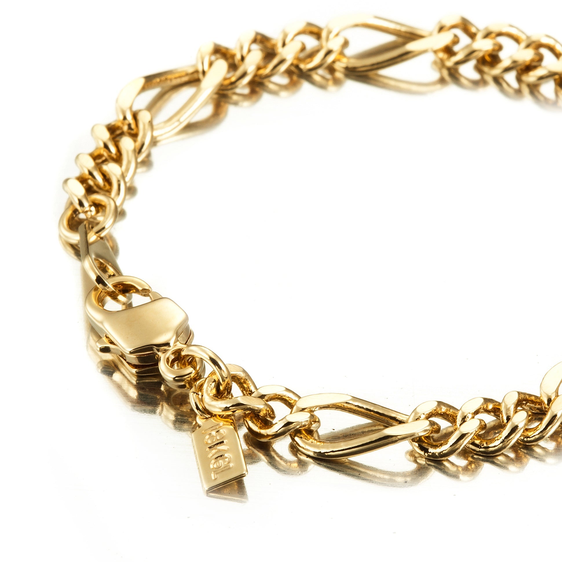 18ct Heavy Yellow Gold Plated Figaro Child Bracelet featuring a secure parrot clasp, designed for children with a stylish and elegant look.