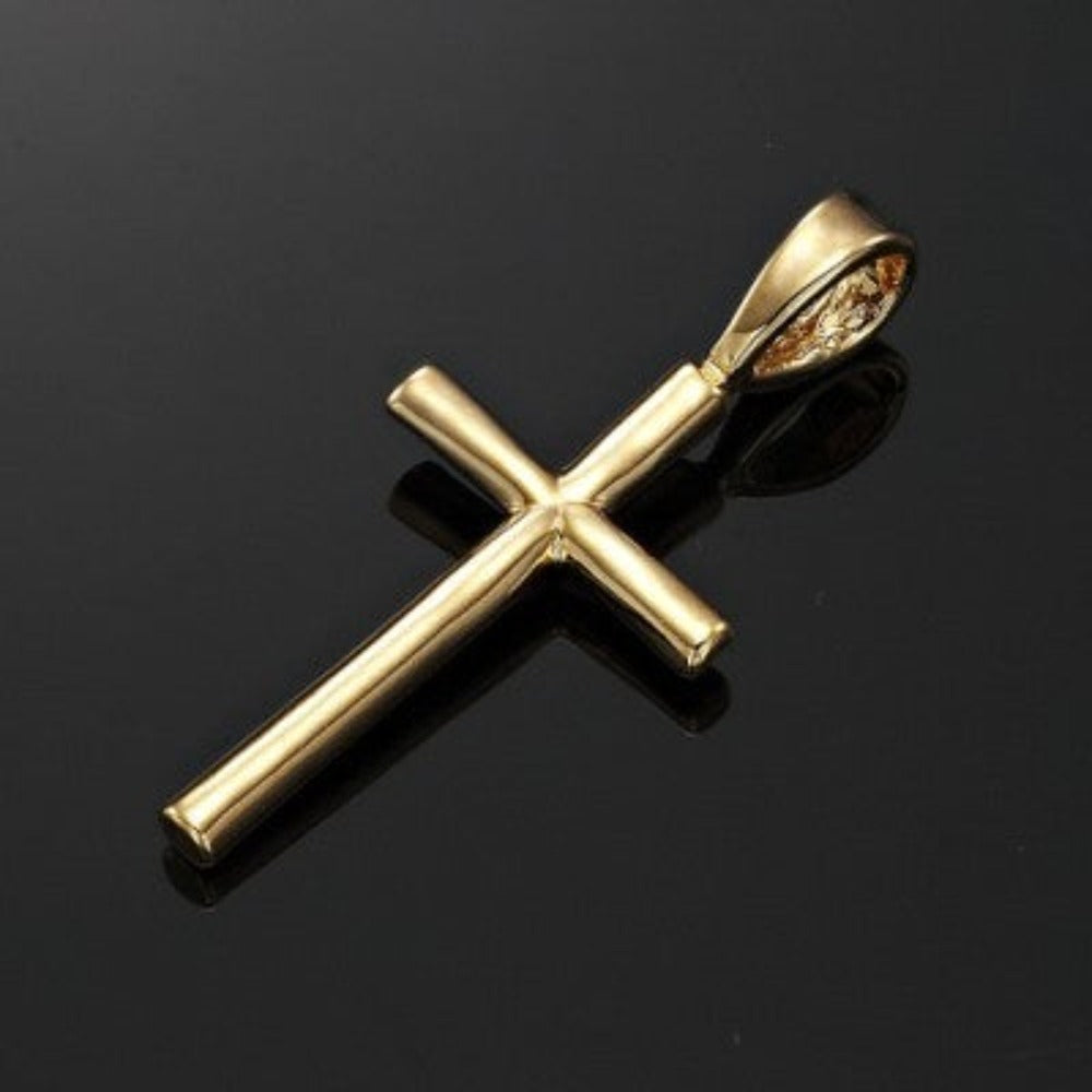 18ct Heavy Yellow Gold Plated Holy Cross Pendant, USA made, featuring a durable brass base and elegant design.