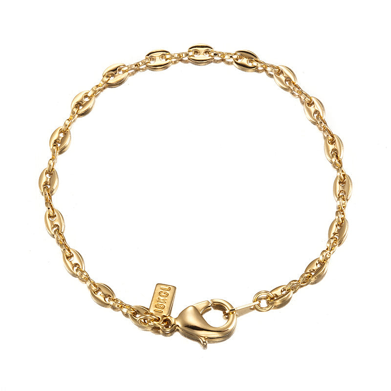 18ct Heavy Yellow Gold Plated Marine Anchor Child Bracelet featuring a parrot clasp, showcasing its elegant design and quality craftsmanship.