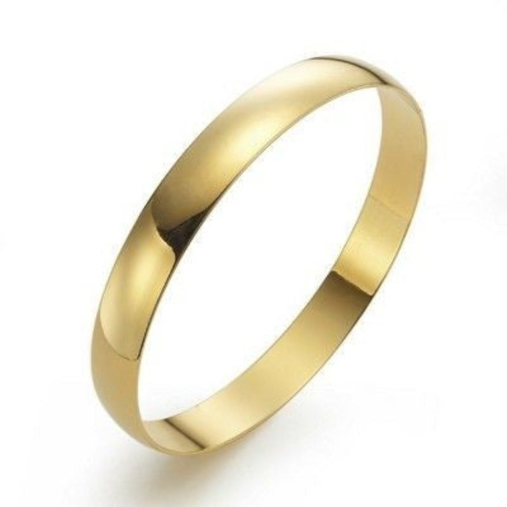 A beautiful 18ct heavy yellow gold plated plain bangle made in the USA, showcasing a sleek and elegant design.