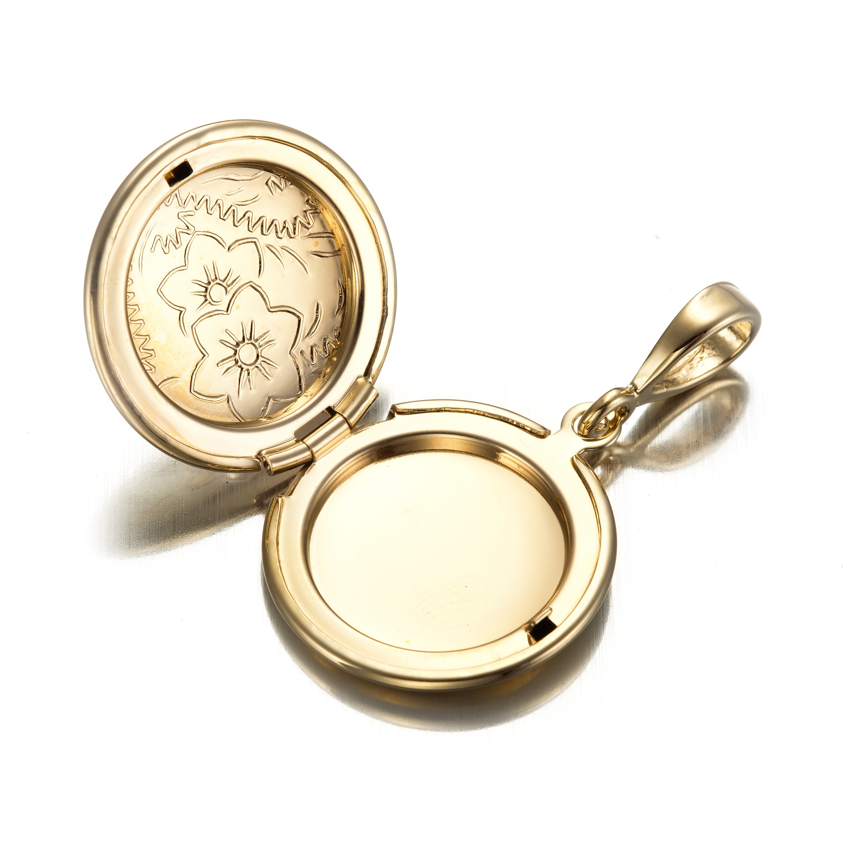 18ct Heavy Yellow Gold Plated Round Locket Pendant, USA made, showcasing its elegant round design and luxurious gold finish.