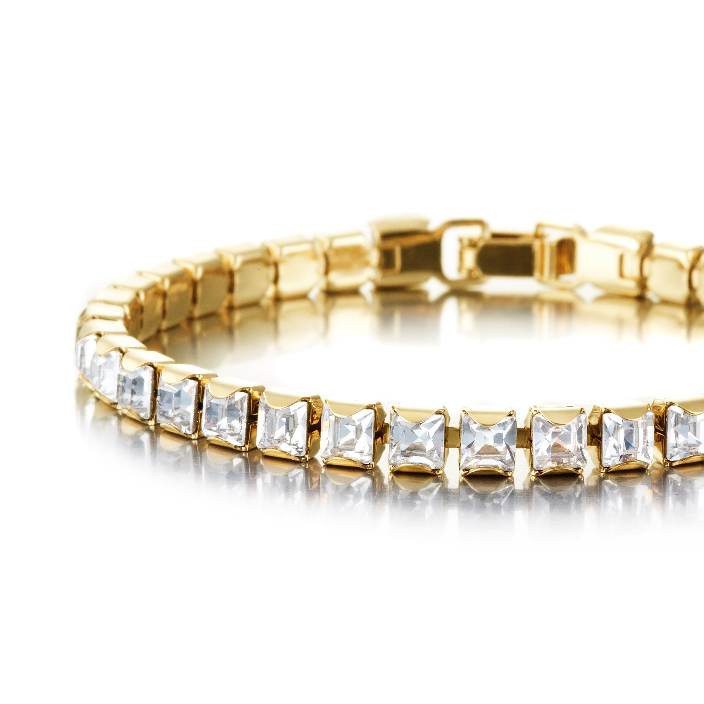 Elegant 18ct Heavy Yellow Gold Plated Tennis Bracelet with SWAROVSKI® crystals, showcasing its luxurious design and craftsmanship.
