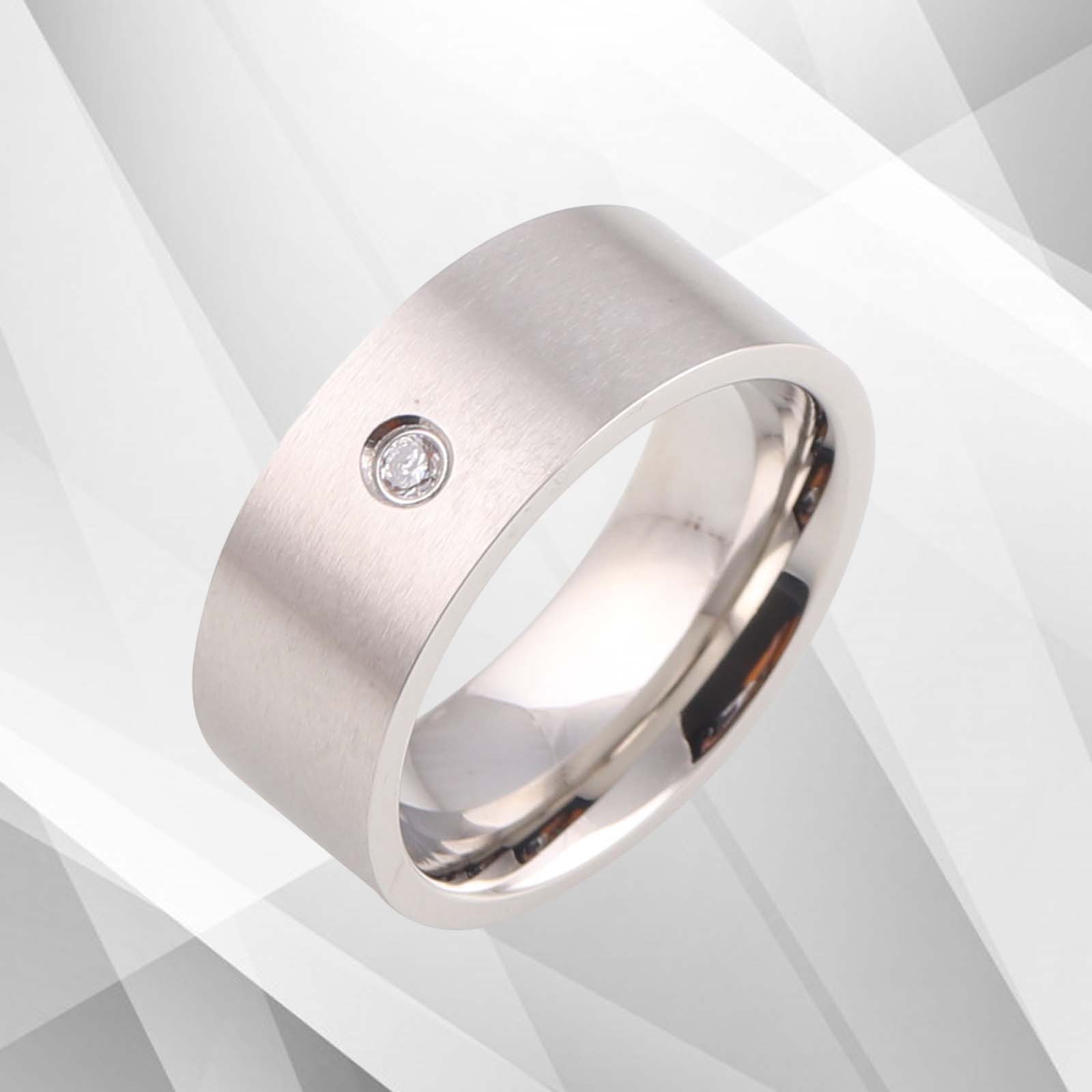 18Ct White Gold Over Flat Titanium Wedding Band featuring a 0.35Ct CZ Diamond, showcasing a modern flat-court design with a luxurious finish.