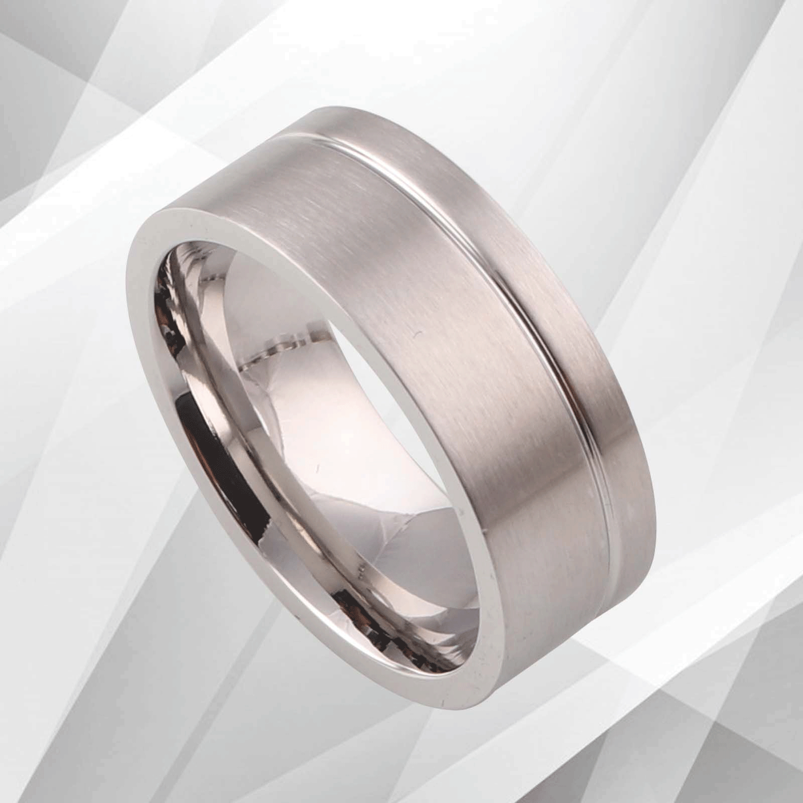 18Ct White Gold Over Men's Flat Shape Engagement Wedding Tungsten Band, featuring a brushed finish and sparkling white gold interior.