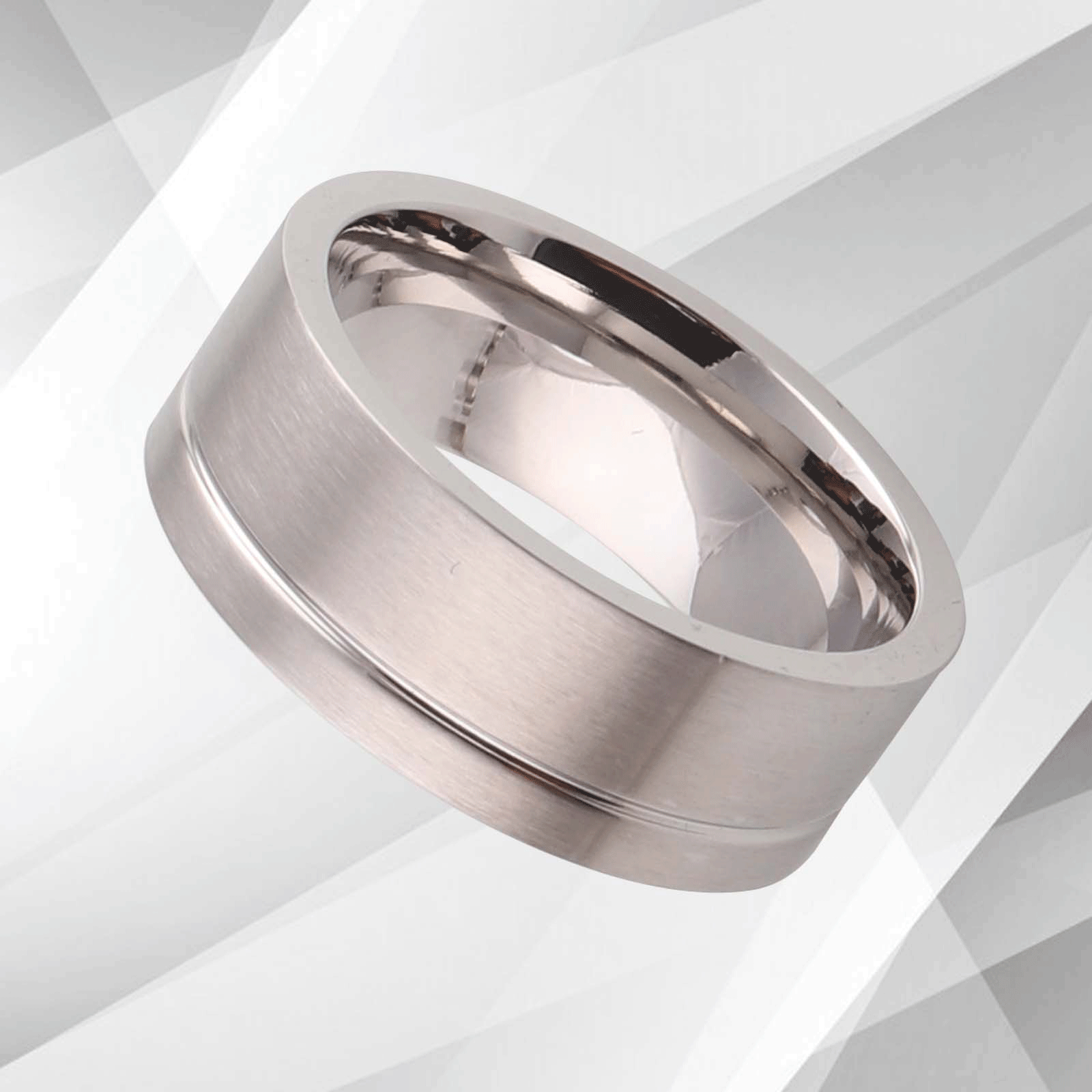 18Ct White Gold Over Men's Flat Shape Engagement Wedding Tungsten Band, featuring a brushed finish and sparkling white gold interior.