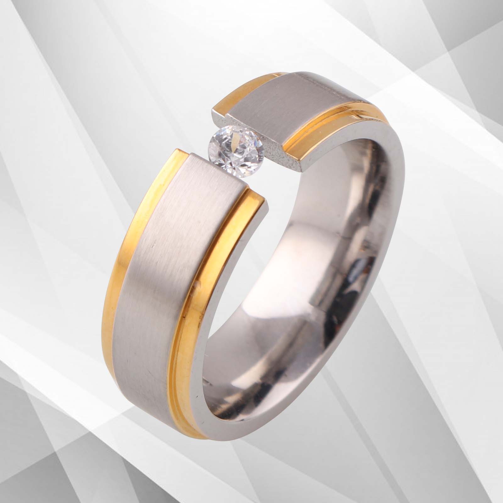 18Ct Yellow and White Gold Titanium Wedding Ring featuring a 0.35Ct CZ Diamond, 6mm wide D-shaped band with a brushed finish.