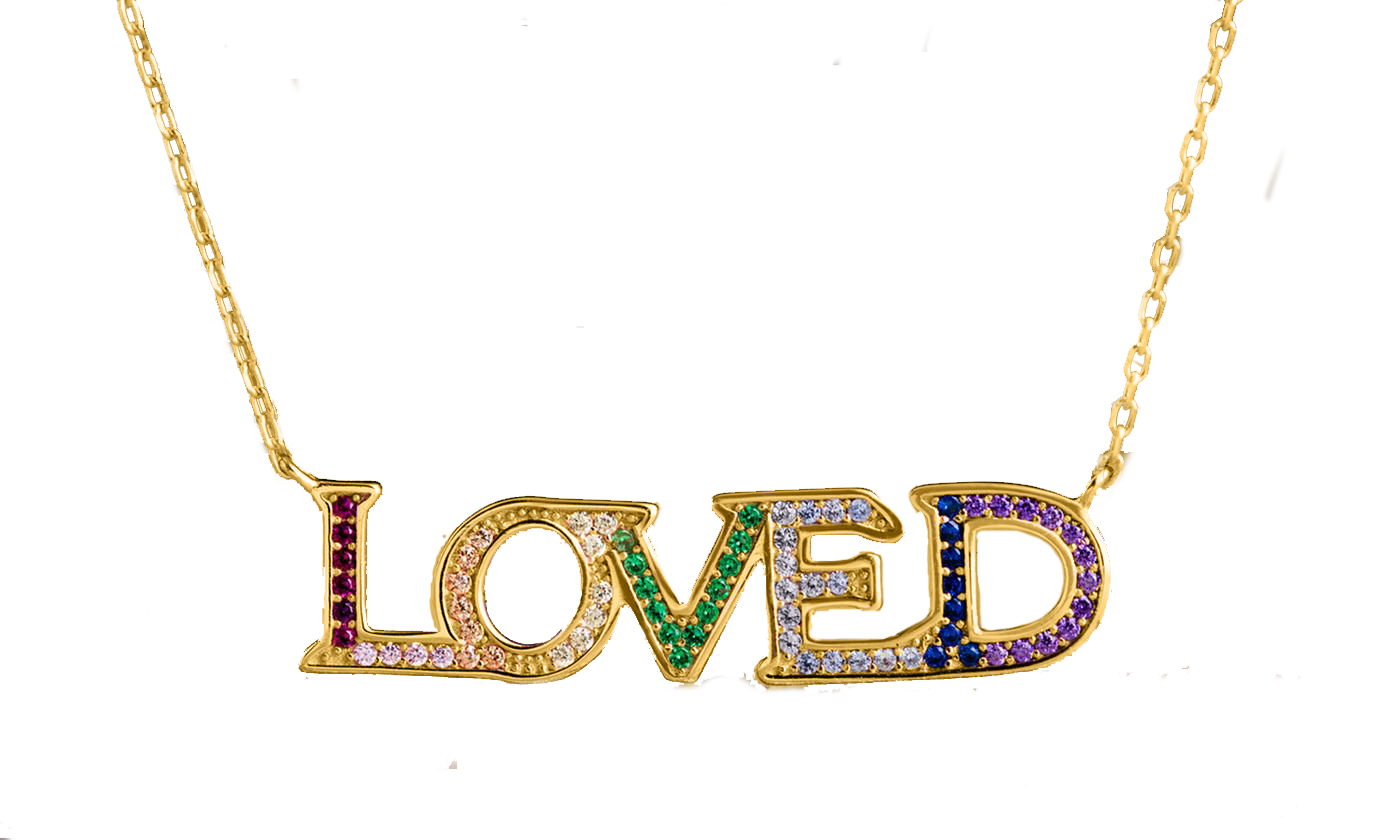 18K Gold Plated Loved Rainbow Swarovski Elements Pendant Necklace featuring a vibrant rainbow pendant on a link chain.