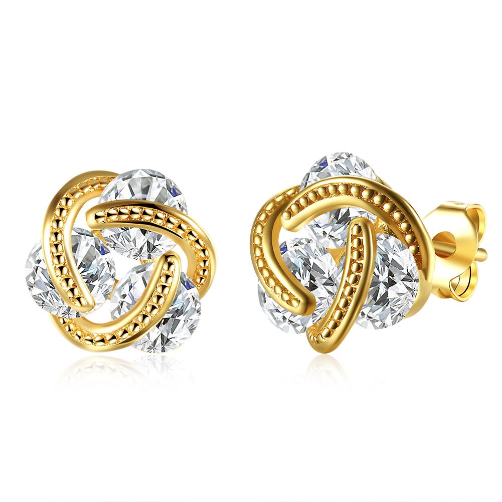 Elegant 18K Gold Plated Mesh Knot Stud Earrings featuring white Austrian elements, available in gold, rose gold, and white gold.