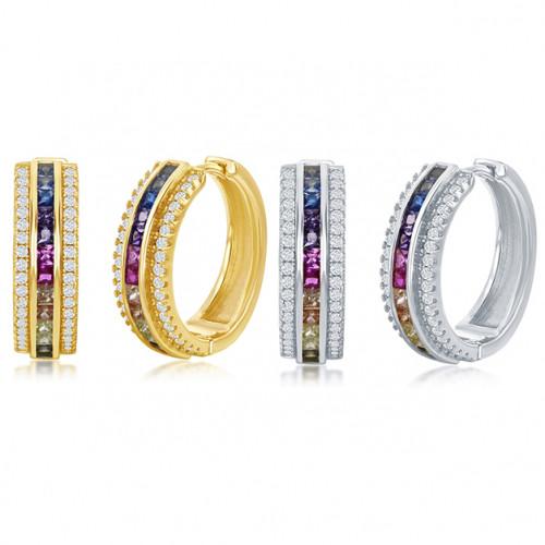 Elegant 18K Gold Plated Rainbow Pavé Hoop Earrings showcasing vibrant AAAAA crystals in gold and white gold options.