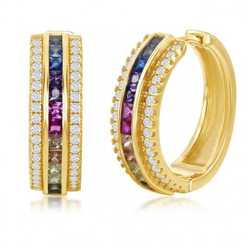 Elegant 18K Gold Plated Rainbow Pavé Hoop Earrings showcasing vibrant AAAAA crystals in gold and white gold options.