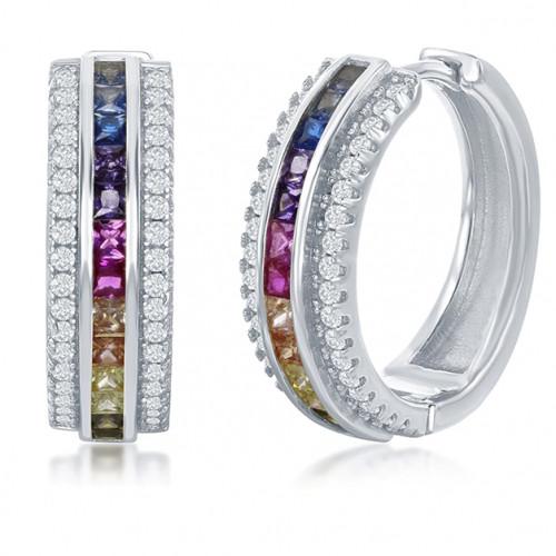 Elegant 18K Gold Plated Rainbow Pavé Hoop Earrings showcasing vibrant AAAAA crystals in gold and white gold options.