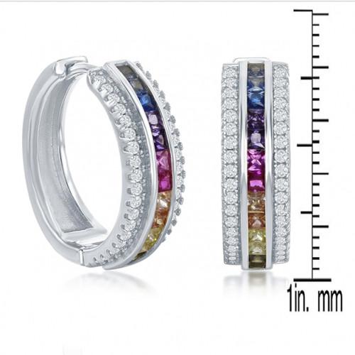 Elegant 18K Gold Plated Rainbow Pavé Hoop Earrings showcasing vibrant AAAAA crystals in gold and white gold options.