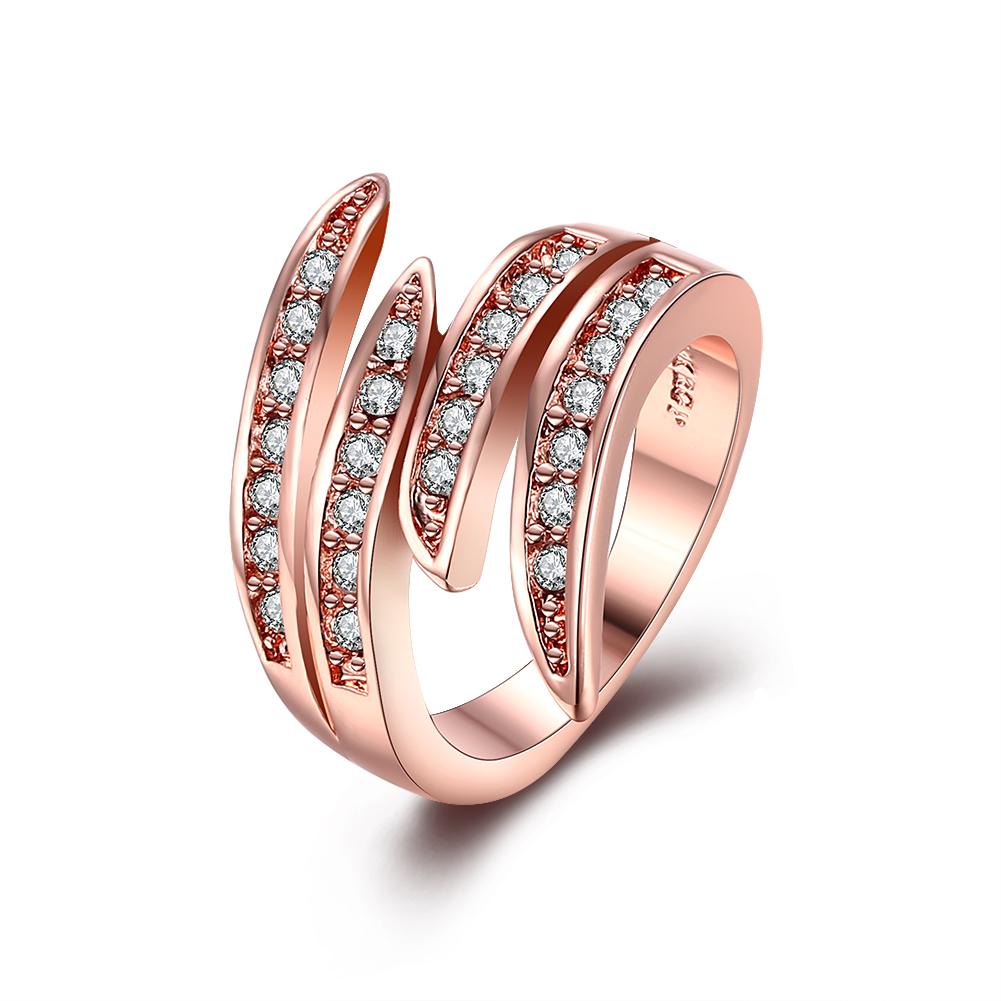Elegant 18K rose gold plated Elements Ariana Ring featuring a curved design and white AAAAA quality stones.