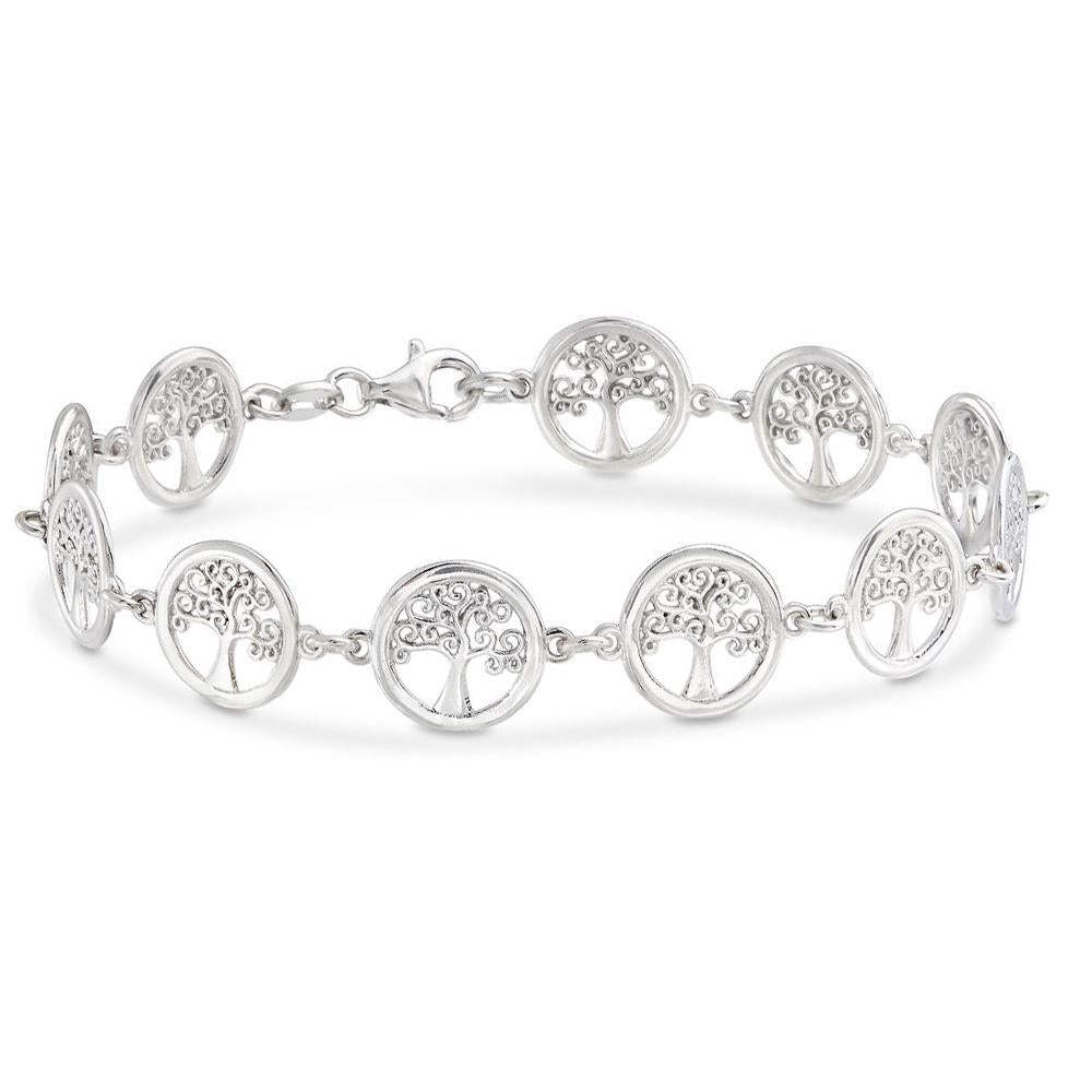 Elegant 18K white gold plated bracelet featuring a Tree of Life design, showcasing intricate details and a secure lobster clasp.