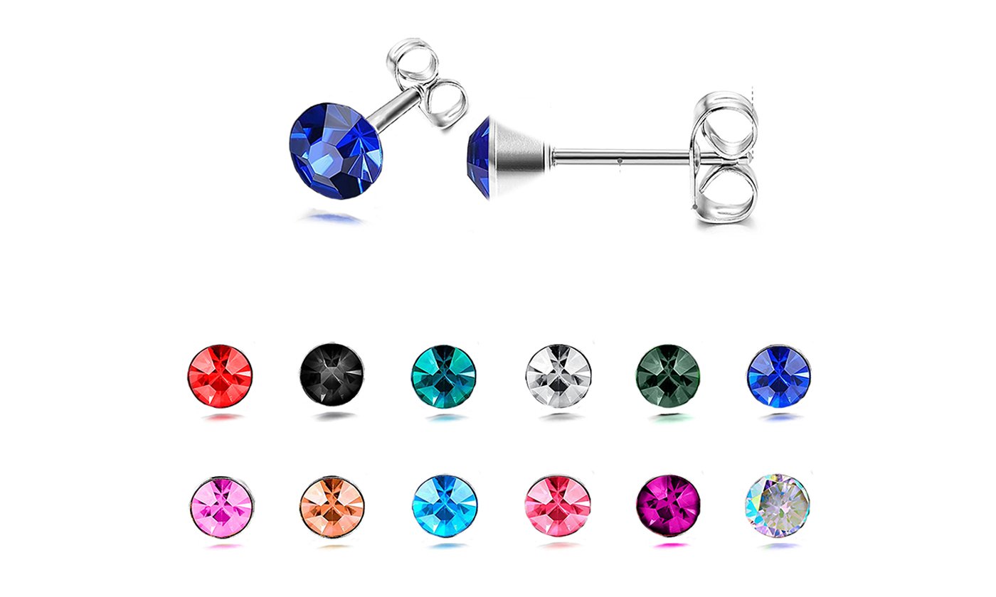 A pair of elegant 18K white gold-plated birthstone stud earrings, showcasing vibrant colors and a high polish finish, perfect for any occasion.