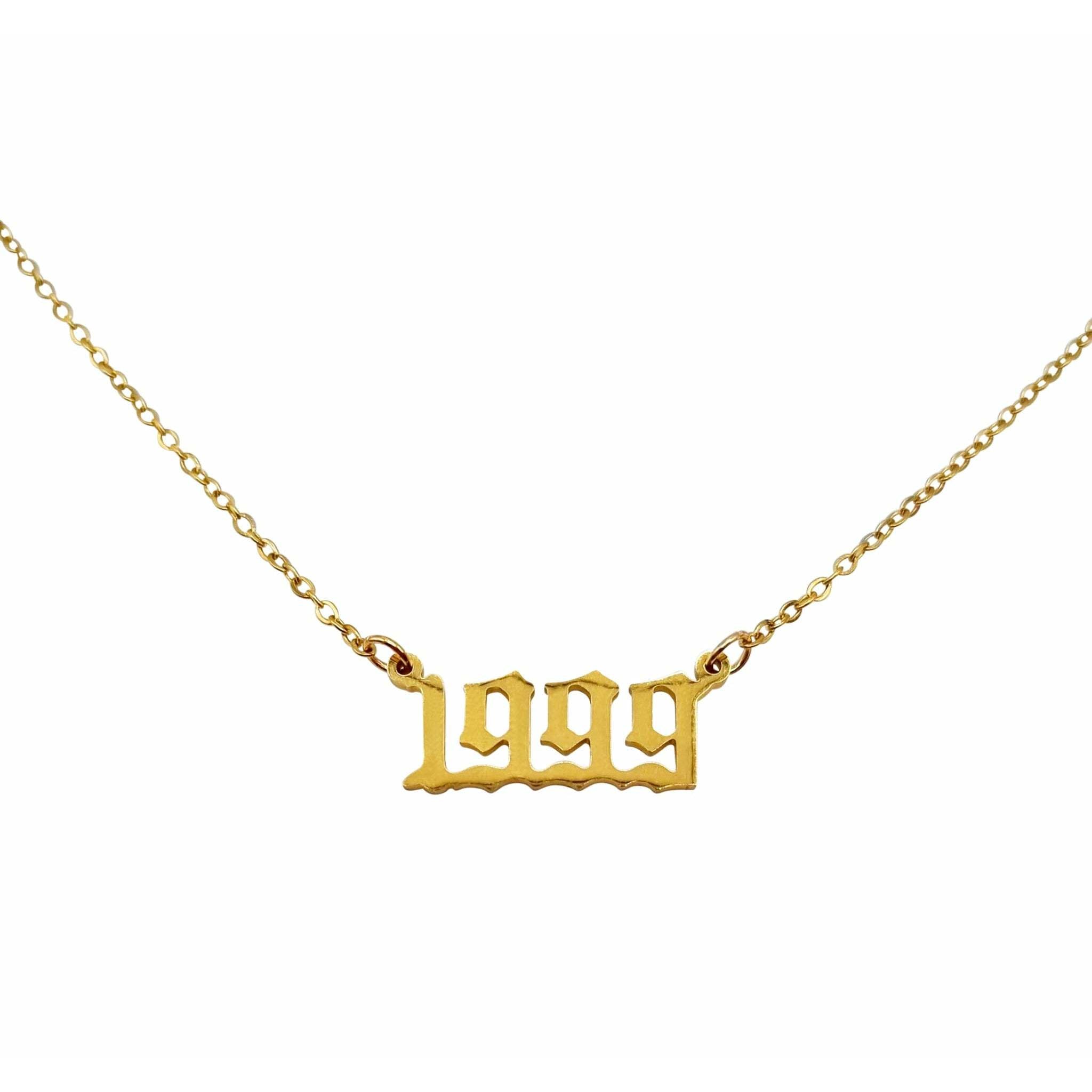 A stylish 1999 Year Necklace made of tarnish-free stainless steel, available in gold and silver finishes, showcasing a bold 2cm pendant on an 18-inch chain.