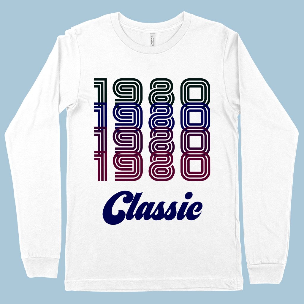 1980 Classic Long Sleeve T-Shirt in various colors, showcasing its soft fabric and stylish design.