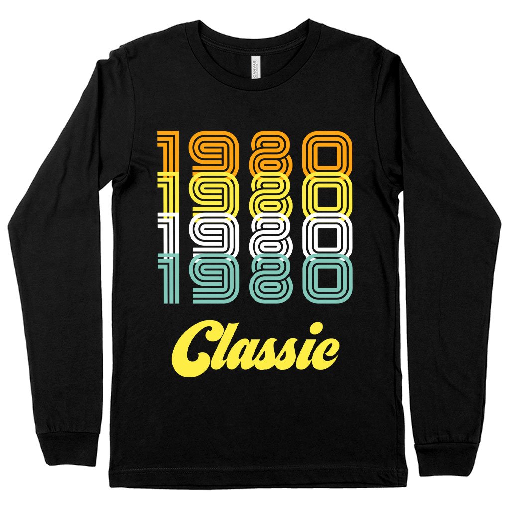 1980 Classic Long Sleeve T-Shirt in various colors, showcasing its soft fabric and stylish design.