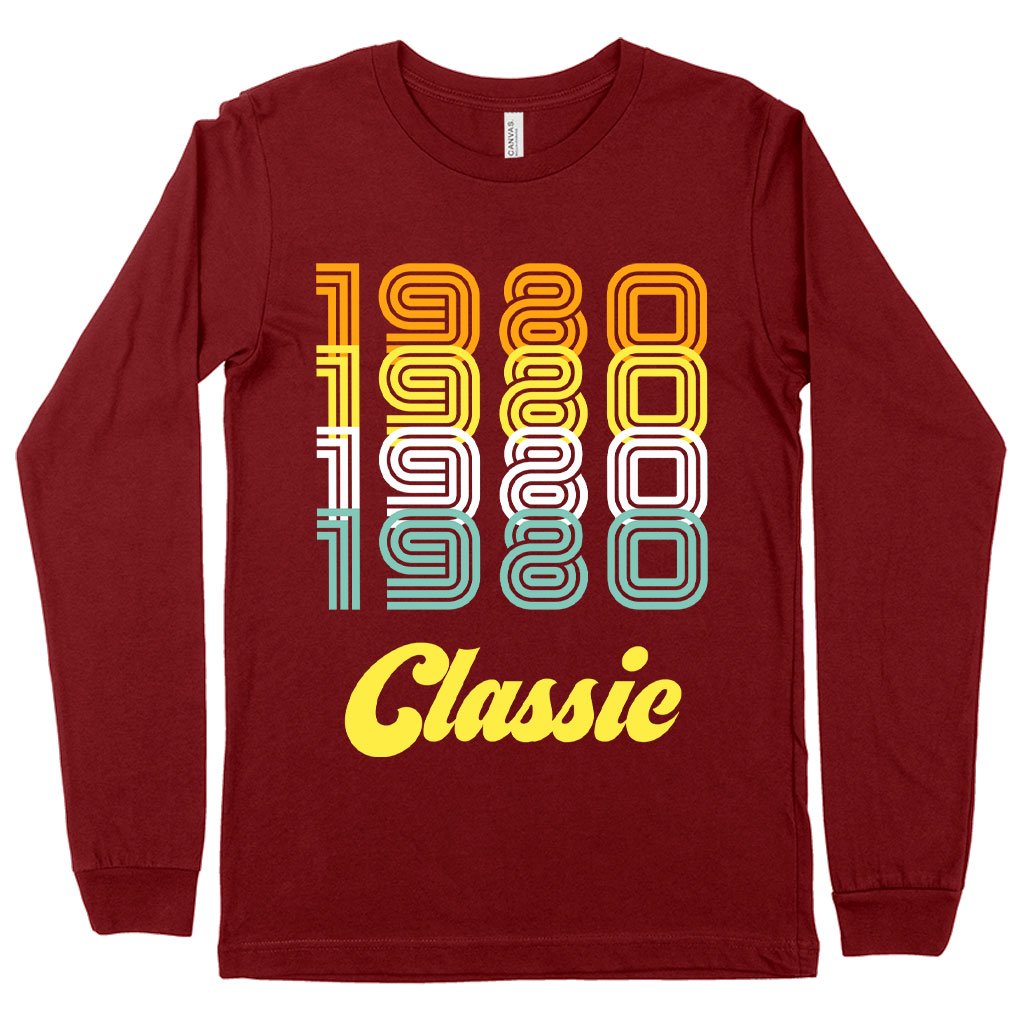 1980 Classic Long Sleeve T-Shirt in various colors, showcasing its soft fabric and stylish design.