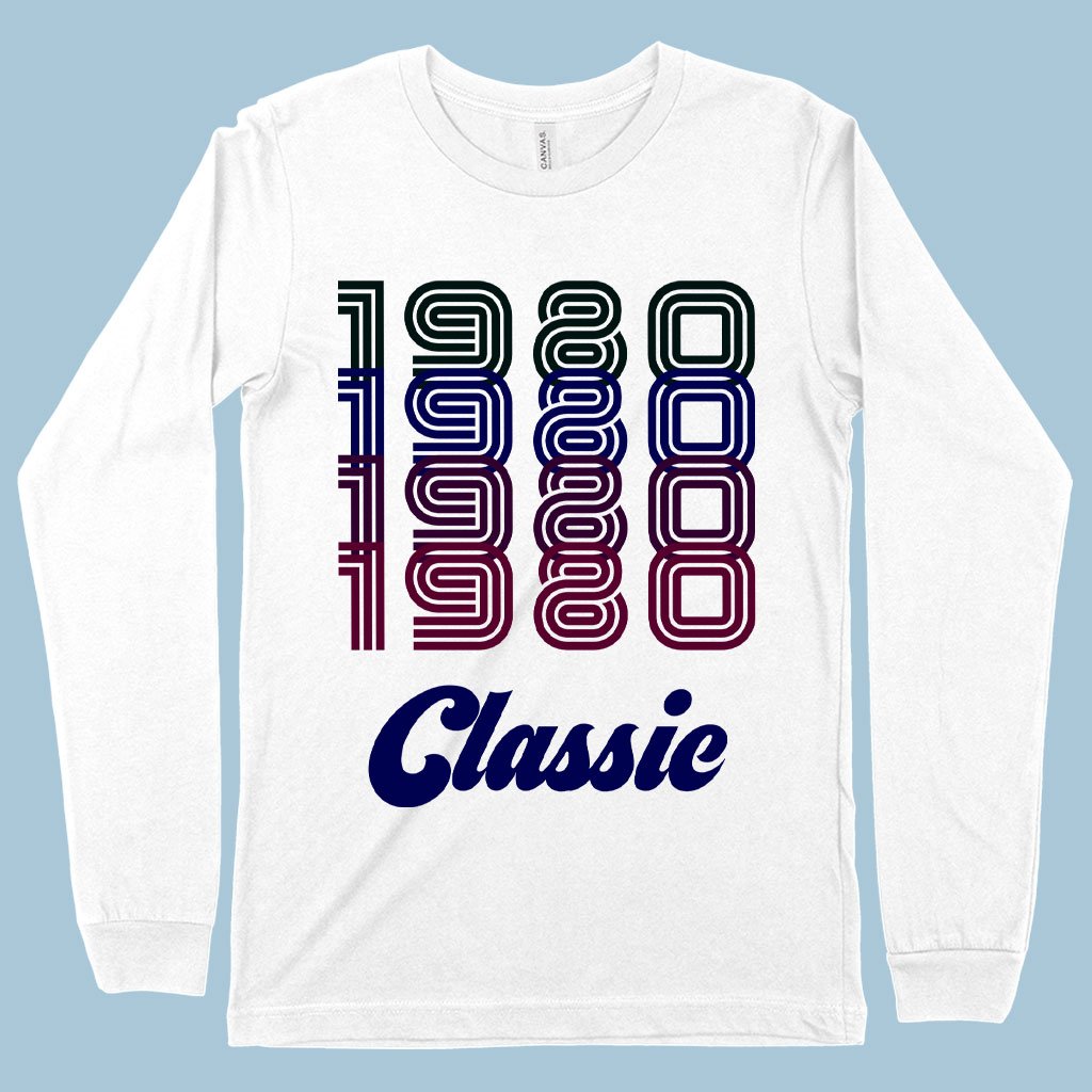 1980 Classic Long Sleeve T-Shirt in various colors, showcasing its soft fabric and stylish design.